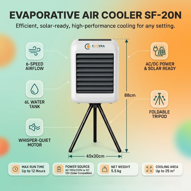 COOVRA™  Solar-Powered Evaporative Air Cooler Fan —  with 100W Foldable Solar Panel